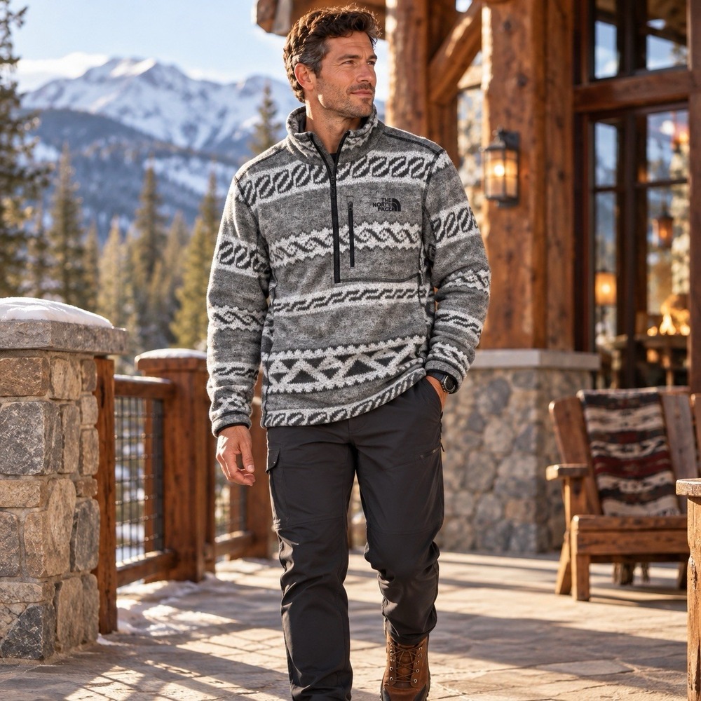 The North Face Gordon Lyons Novelty 1/4 Zip Sweater Mens L Gray Aztec Fleece